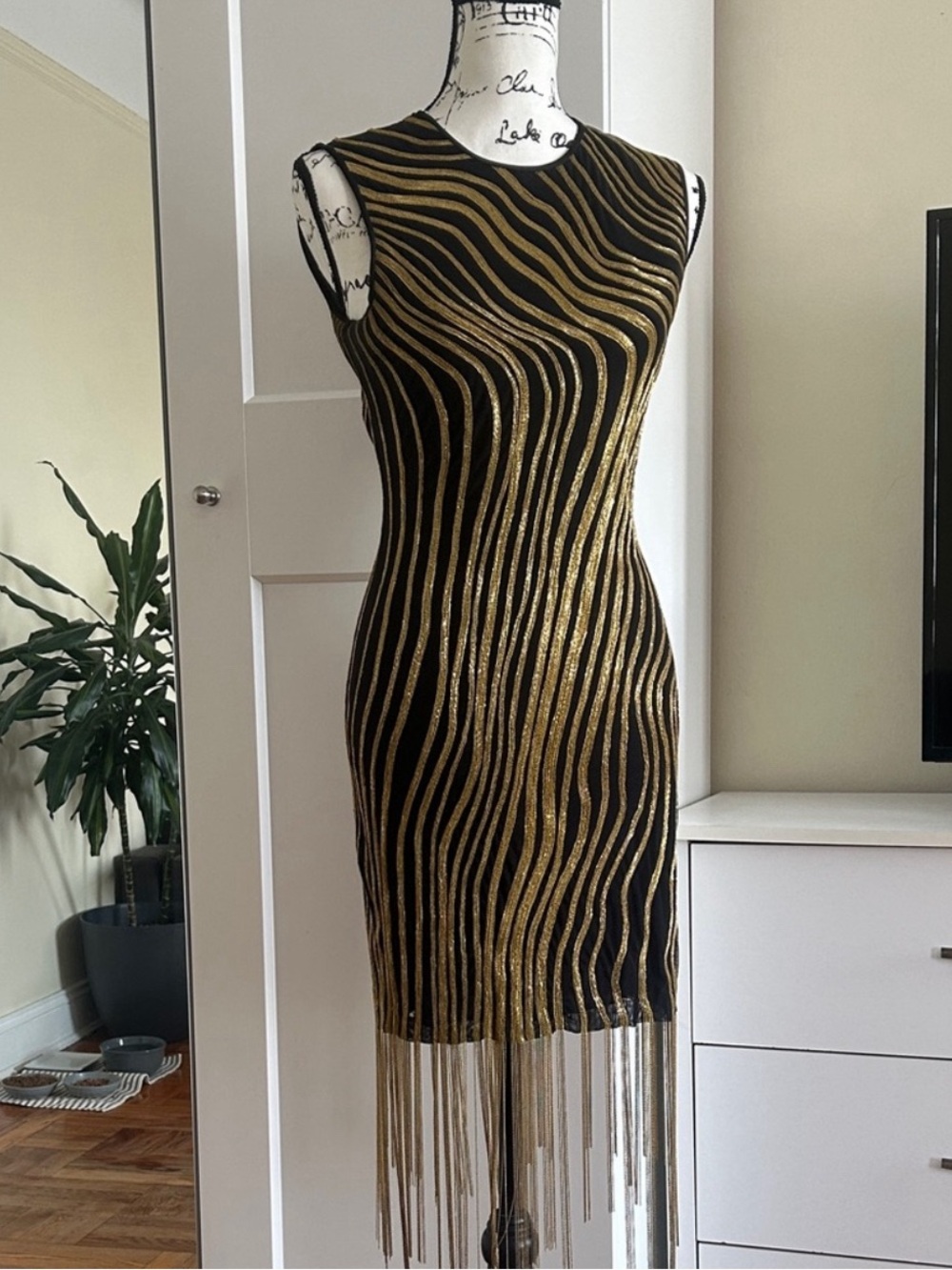 ISO!!!!!Balmain Black and Gold Metallic Wave Mini Dress with Fringe